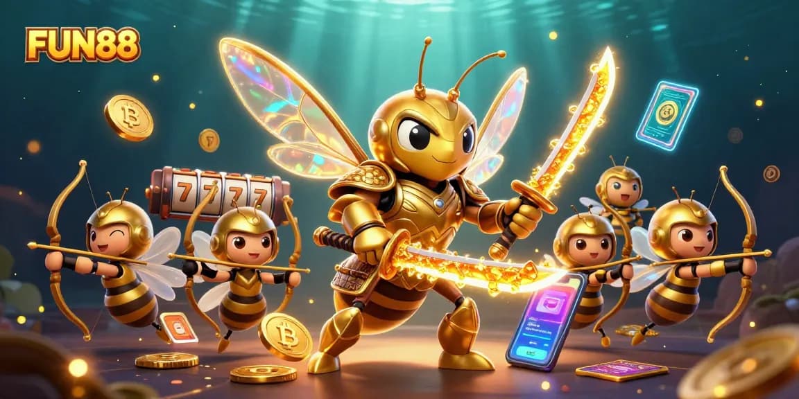 Experience thrilling FUN88 slots with vibrant 3D casino character scenes, showcasing golden elements and crypto themes.