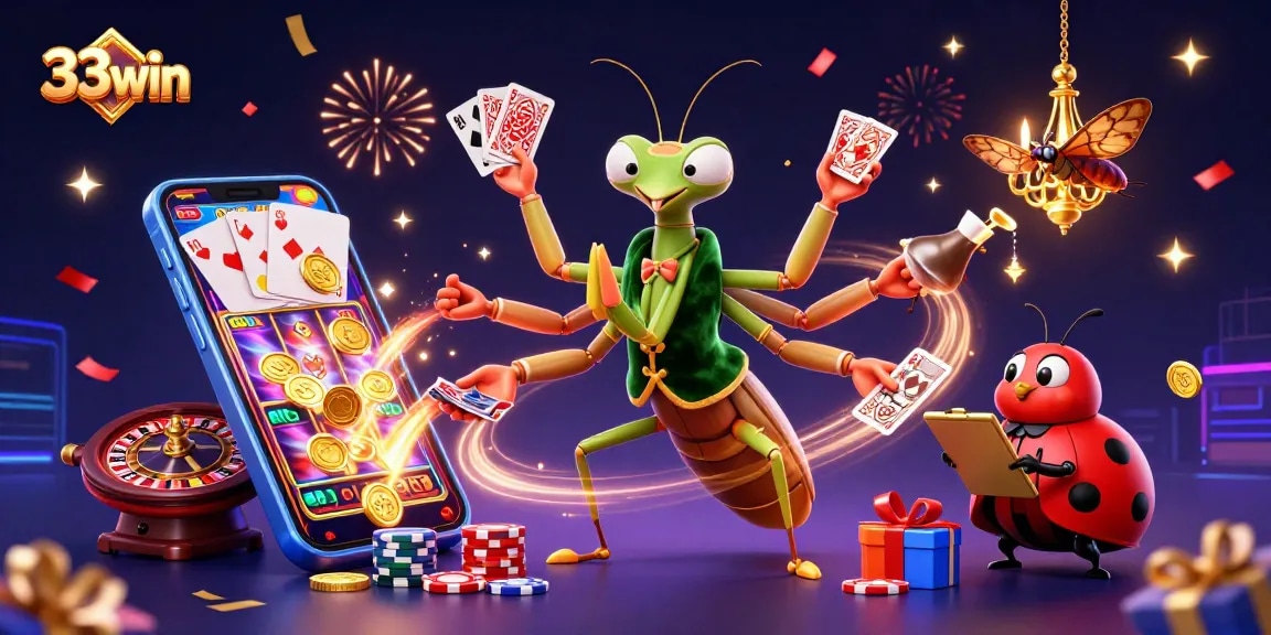 Engage in exciting games with 33win and vibrant casino elements in a dynamic illustration.