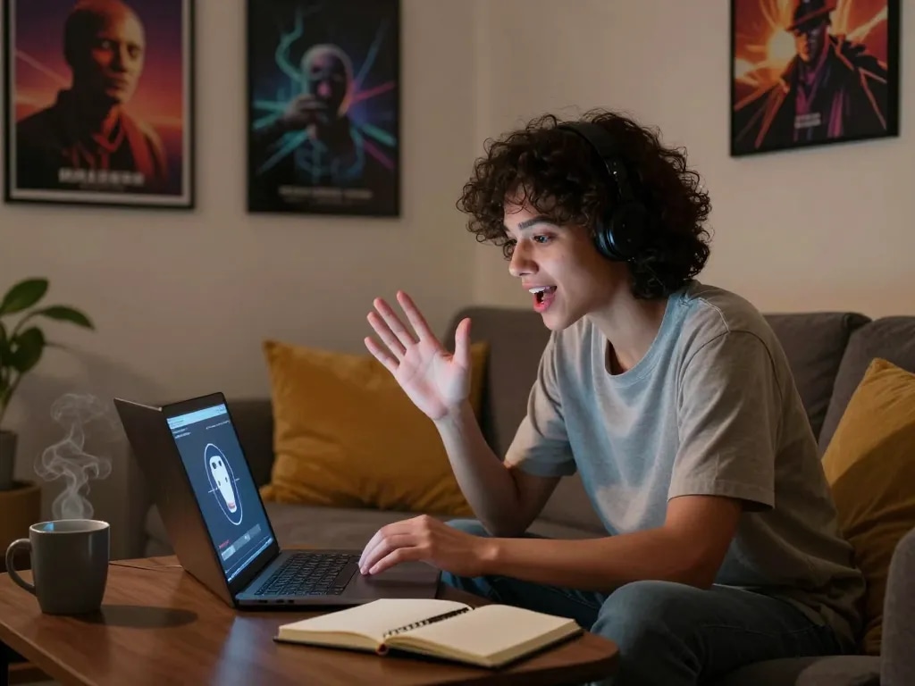 Engaging nsfw ai chat scene showcasing user interacting with attractive chatbot on a laptop in a cozy room.