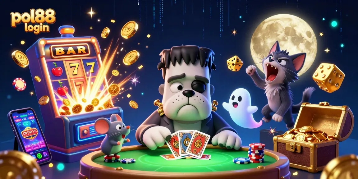 Masuk ke pol88 login sambil bermain kartu di kasino yang dihiasi gambar monster dan simbol slot.
