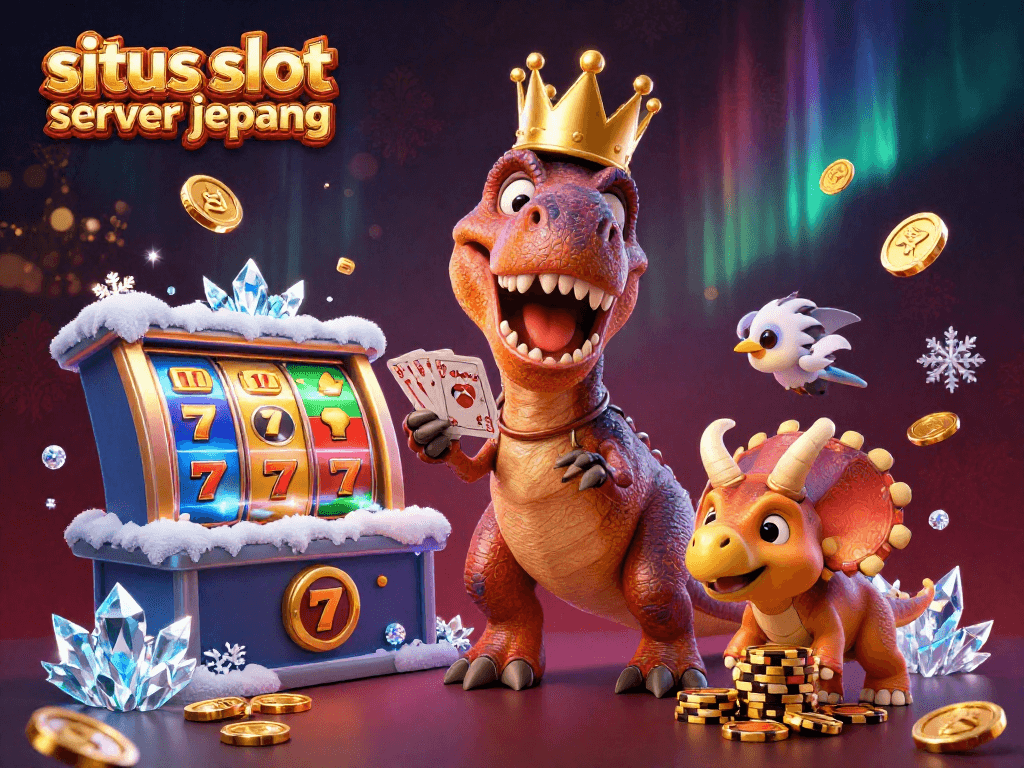 Situs slot server jepang showcases a vibrant 3D scene with colorful slot reels, animated characters, and golden coins embodying an exciting casino atmosphere.