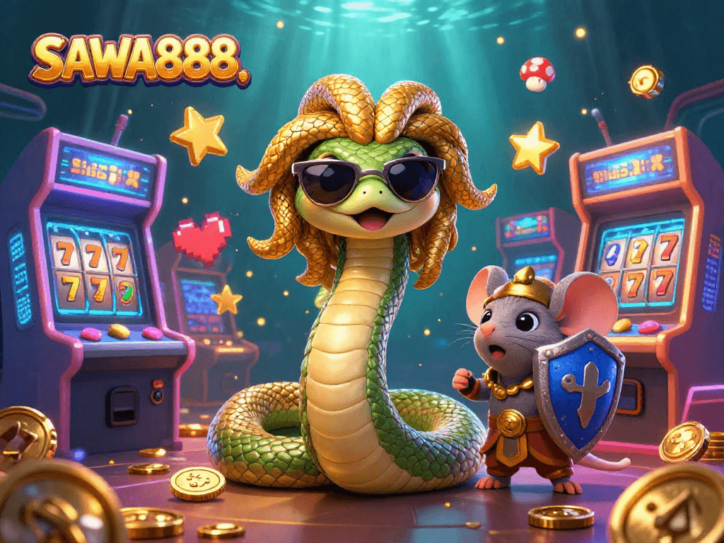 SAWA888 attracts players with cute Medusa and warrior mouse in a vibrant online casino scene.