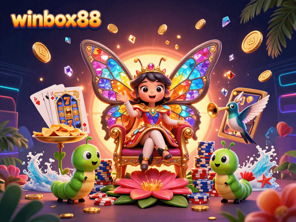 Winbox88 casino theme with a butterfly queen and token elements, celebrating online gambling.