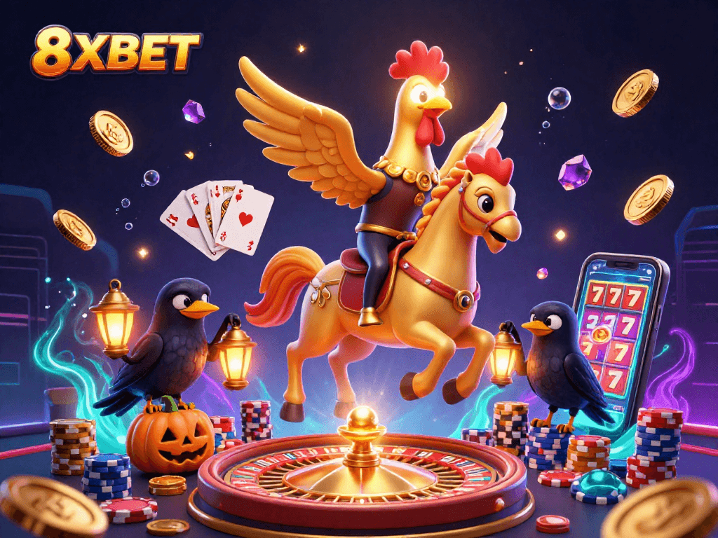 Engage with exciting 8XBET gaming adventures featuring vibrant characters in action-filled casino scenes.