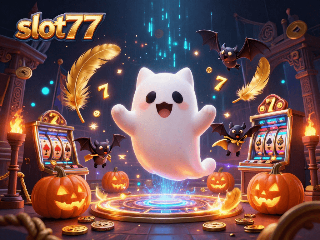 Experience the excitement of slot777 with a ghost cat in a haunted casino, lively slot reels, and glowing poker symbols.