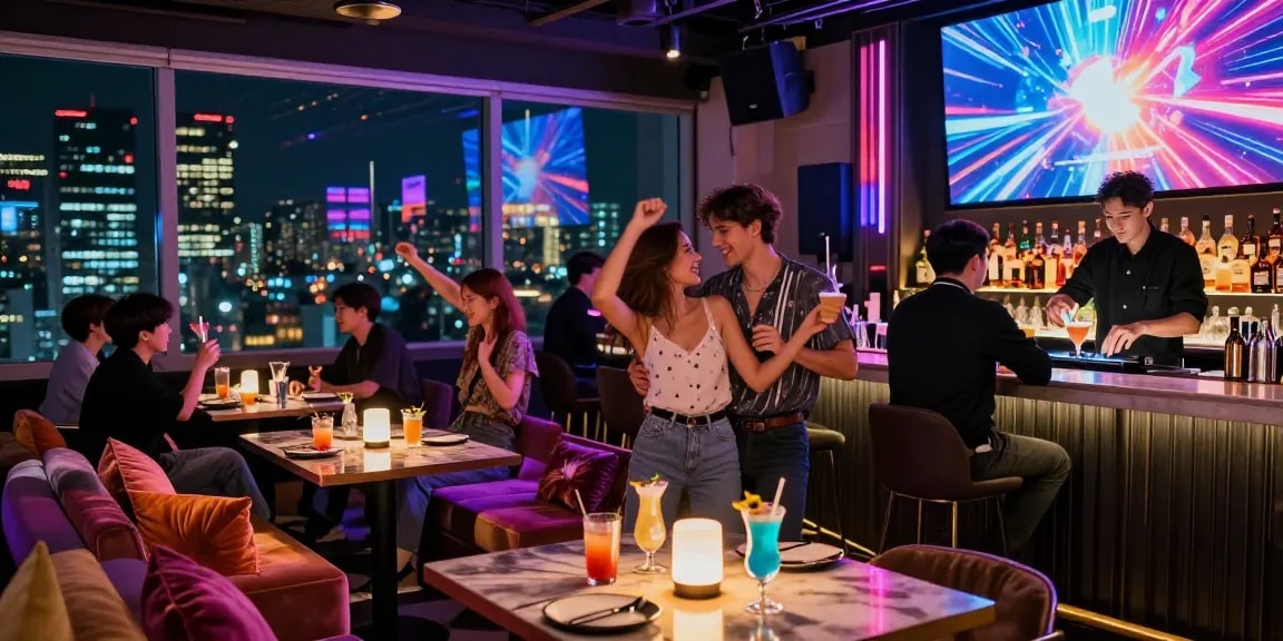 Experience vibrant parties at 상봉동 한국관나이트 with stylish patrons enjoying cocktails and dancing in a lively atmosphere.