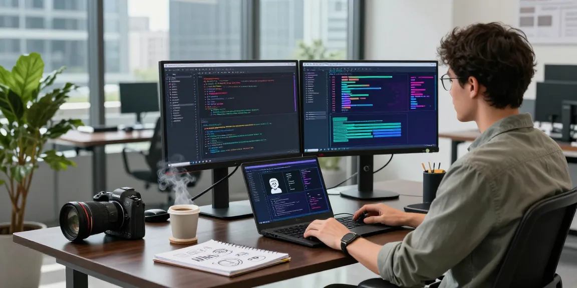 KoboldAI coder working in a modern office environment, showcasing AI chatbot coding on dual monitors.
