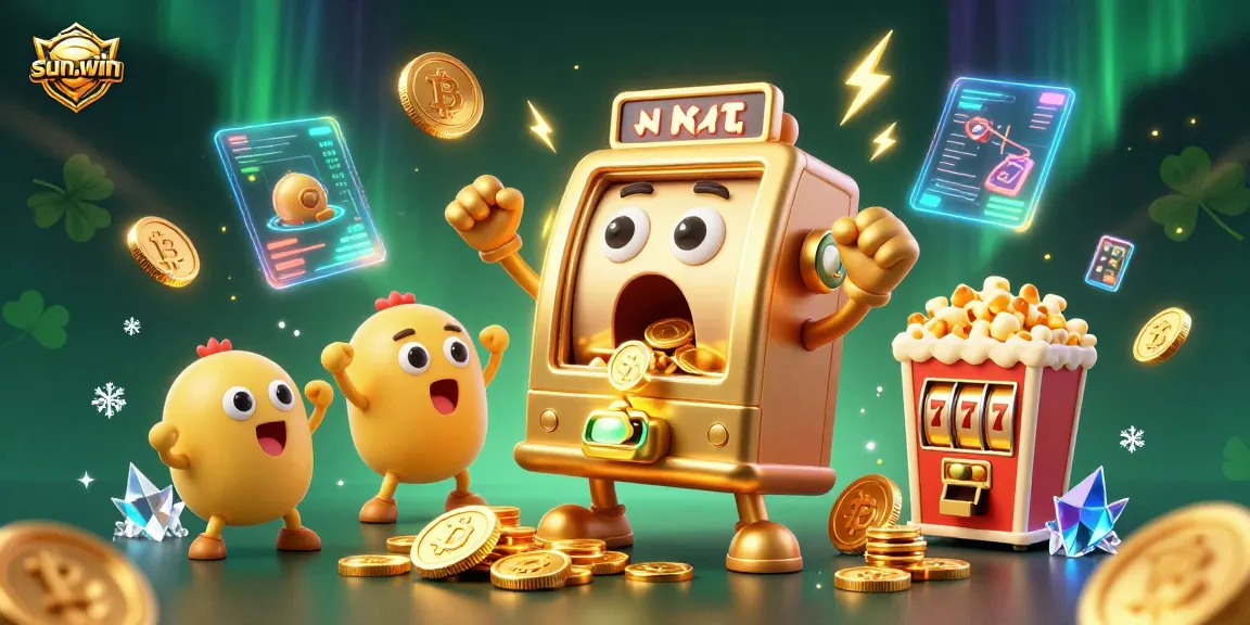 Experience sun-win thrills with a cartoon slot machine hitting the jackpot surrounded by gold!