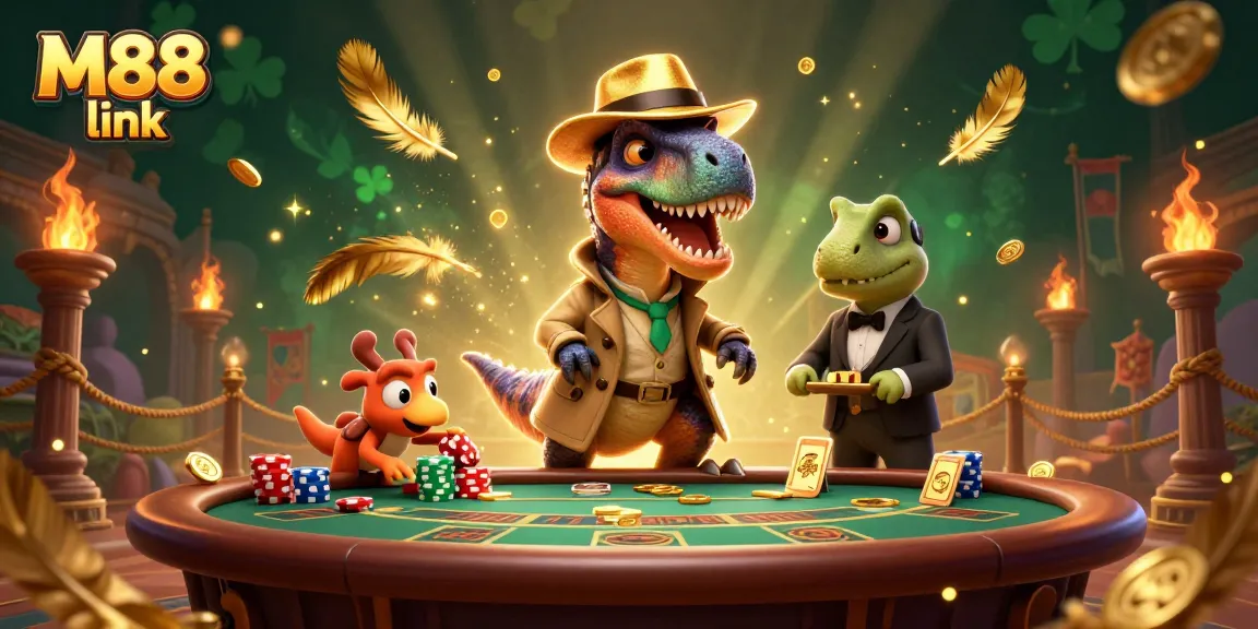 Engage with the captivating M88 link scene featuring a clever velociraptor and interactive casino elements.