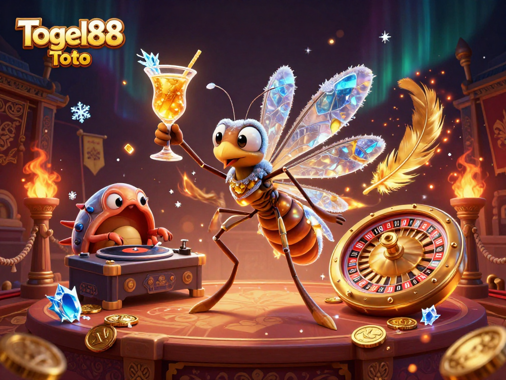 Experience Togel88 Toto with this vibrant illustration, featuring a frozen mosquito mascot and casino elements.