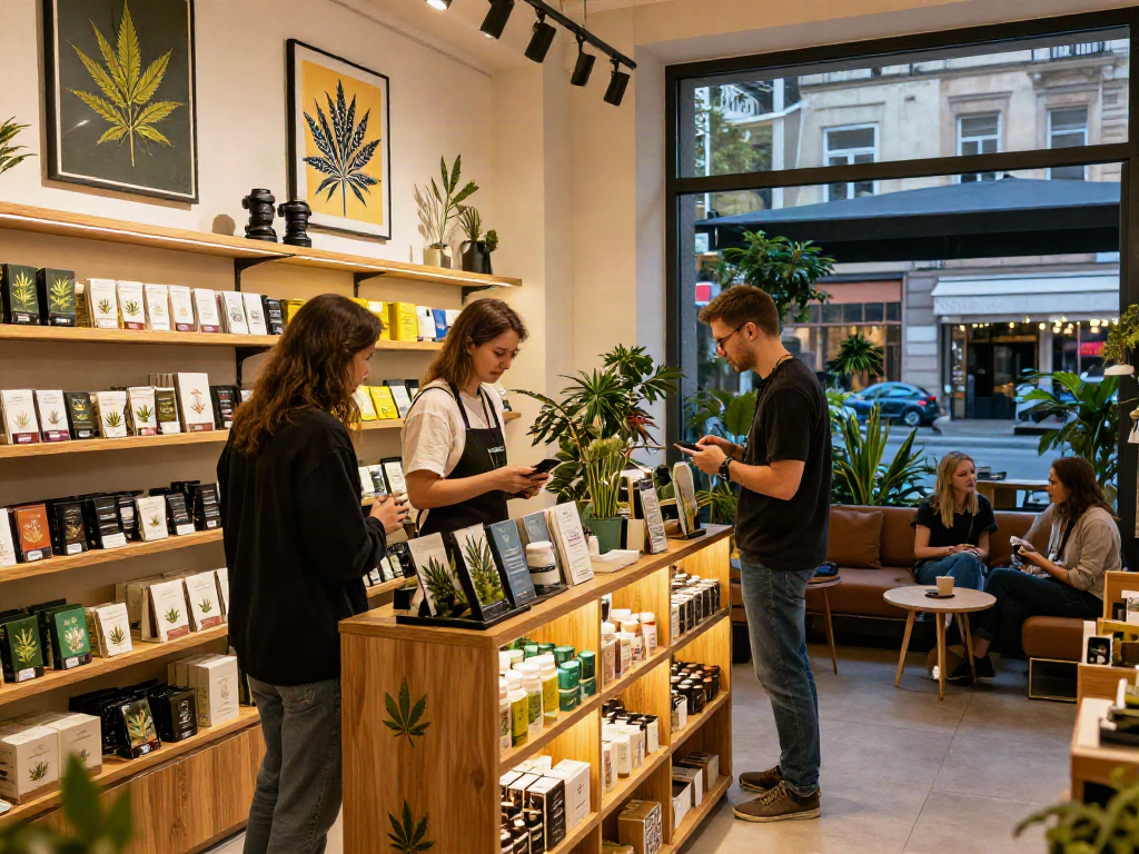 Warsaw Cannabis shop inviting customers to explore premium products during evening hours