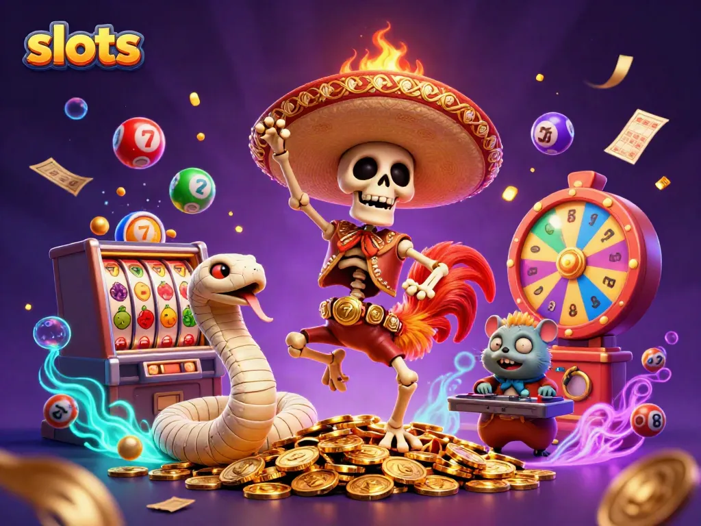 Engage with exciting slots gameplay illustrated by a mariachi rooster and friends celebrating on coins.