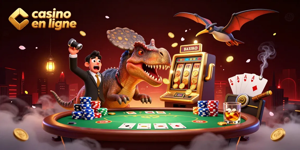 Illustration dynamique d'un casino en ligne avec des personnages de dinosaures jouant aux machines à sous et aux cartes.