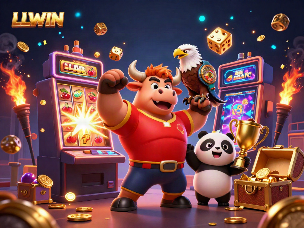Experience the excitement of LLWIN with a cartoon bull, eagle, and panda celebrating casino wins.