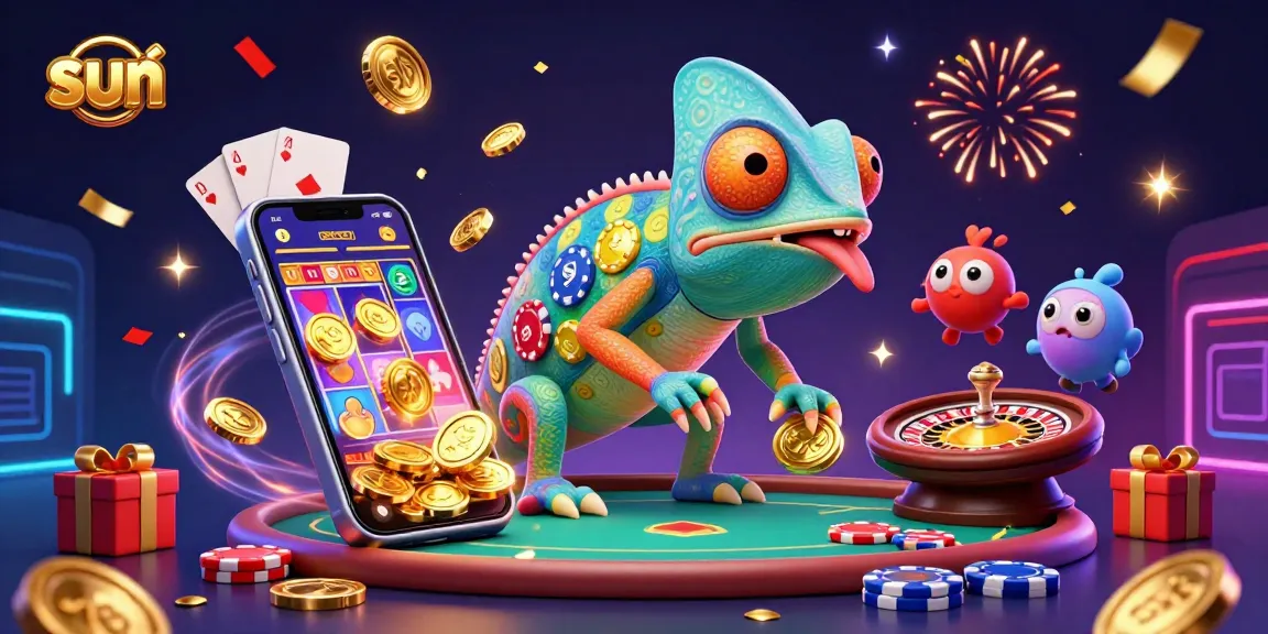 Players enjoy the thrill of casino games under the vibrant sun with a chameleon casino owner.