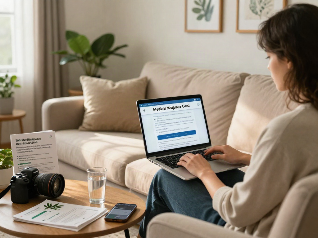 Applying for a Medical Marijuana Card Online in a cozy living room setting, surrounded by wellness materials.
