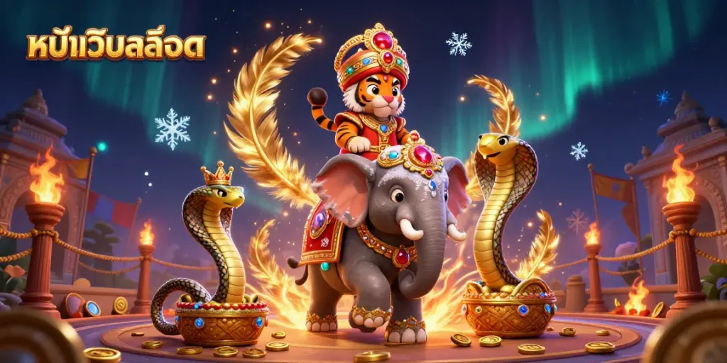 Experience thrilling gameplay with หน้าเว็บสล็อต's animated scene featuring a jewel-encrusted elephant and dynamic casino elements.