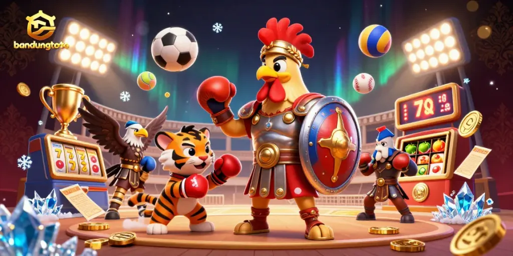 Experience exhilarating wins with bandungtoto's dynamic casino scene featuring a gladiator chicken and rich gaming elements.