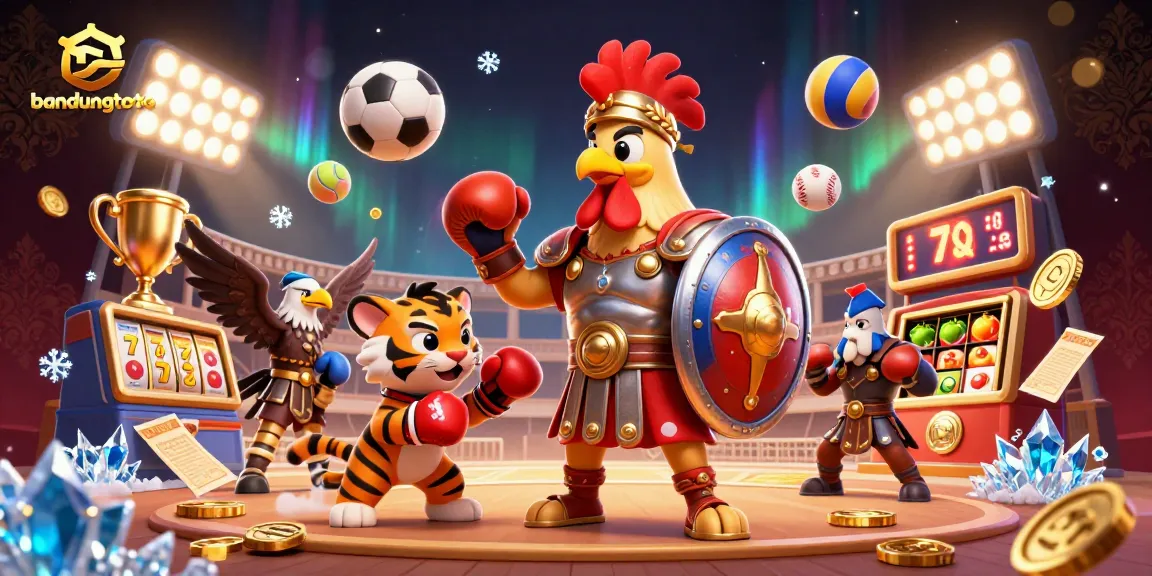 Experience exhilarating wins with bandungtoto's dynamic casino scene featuring a gladiator chicken and rich gaming elements.