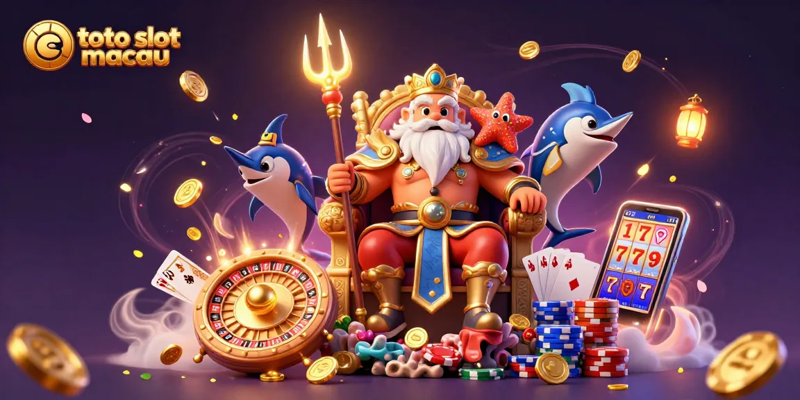 Experience exciting wins with toto slot macau's dynamic 3D casino illustration featuring Neptune and vibrant game elements.