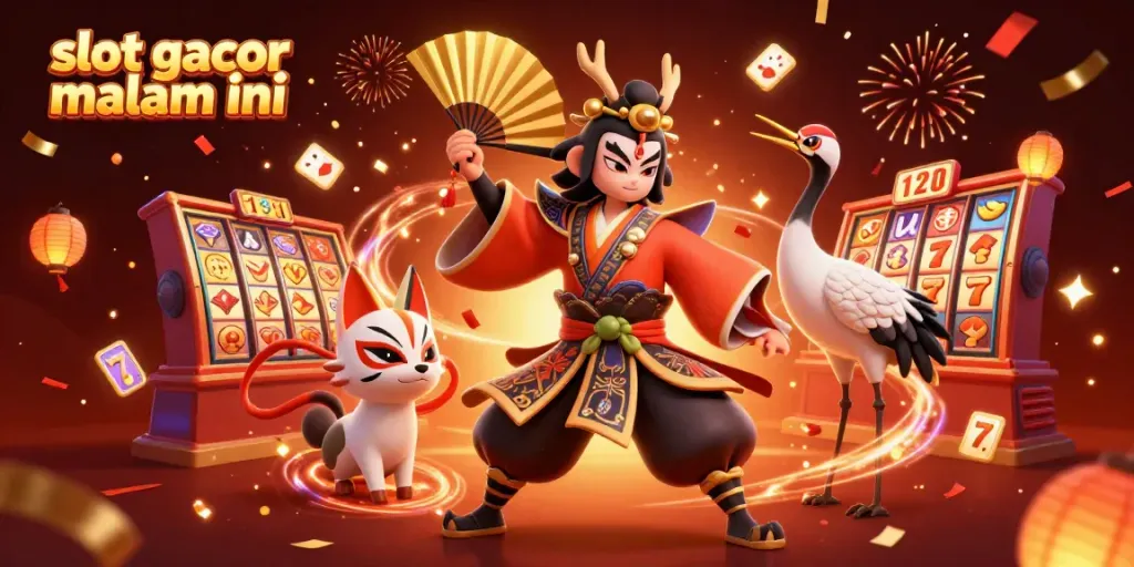 Visualisasi slot gacor malam ini dengan karakter kabuki dan elemen permainan slot yang spektakuler.