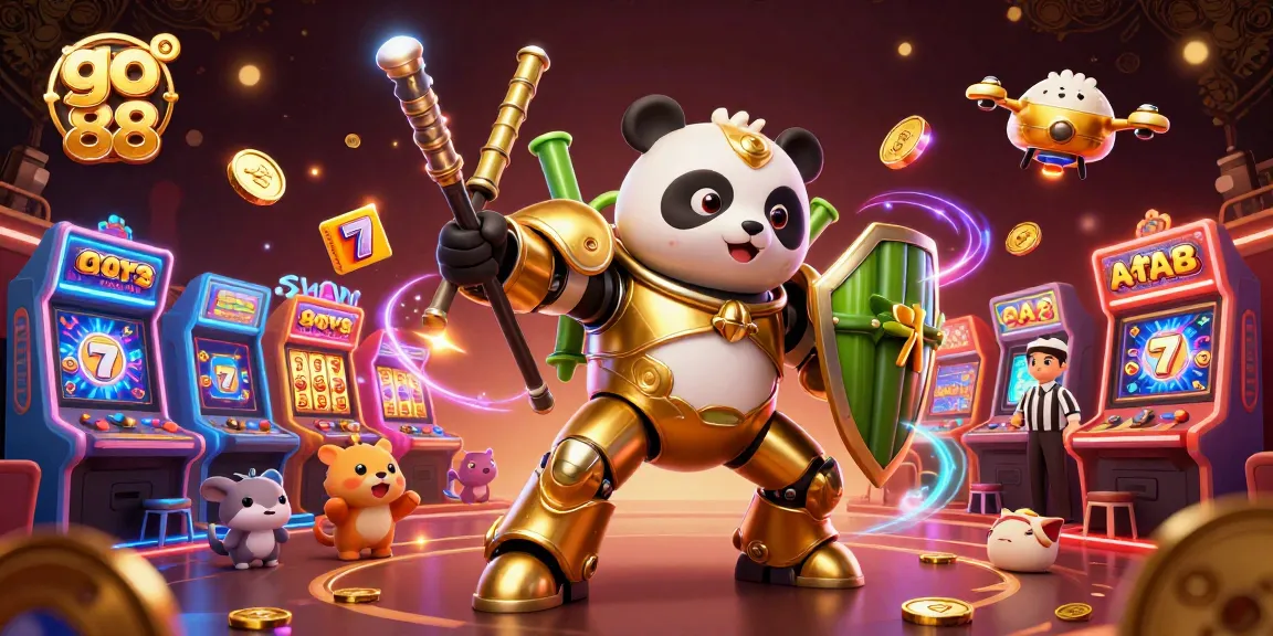 Win at go 88 with an engaging scene of a golden panda in a mech-suit amidst colorful slot machines.