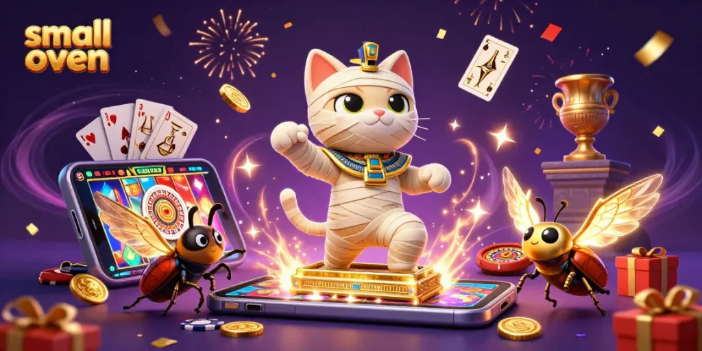Engaging small oven casino scene with 3D characters and dynamic gaming elements.