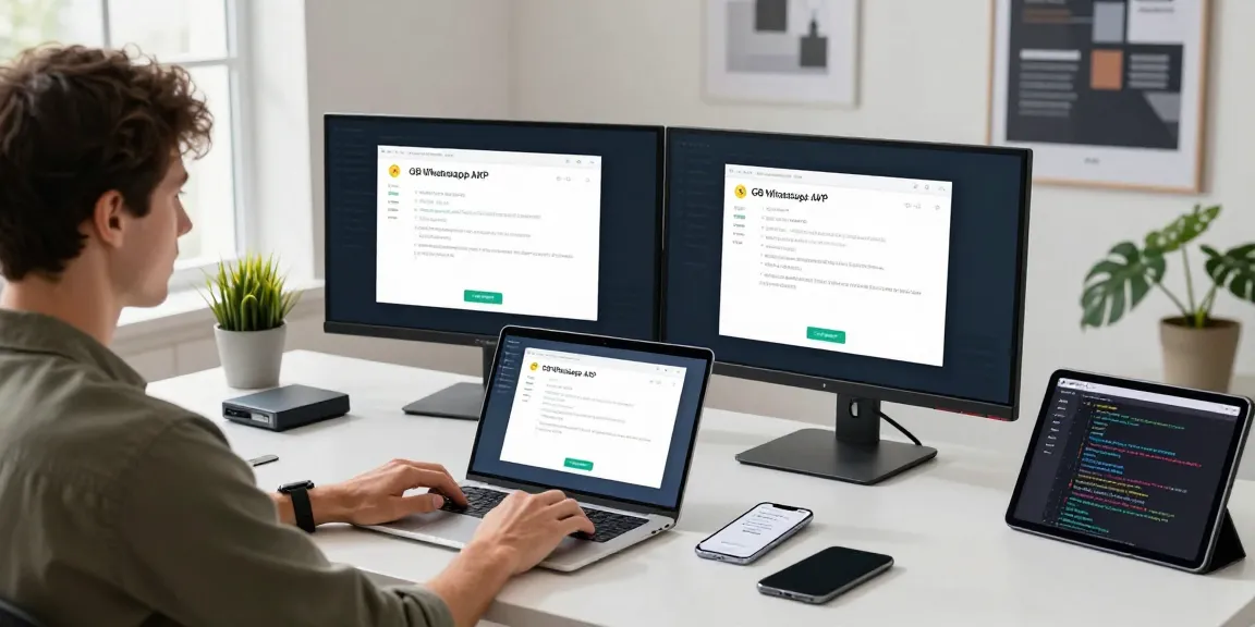 Downloading GB WhatsApp APK on a modern laptop surrounded by tech gadgets.