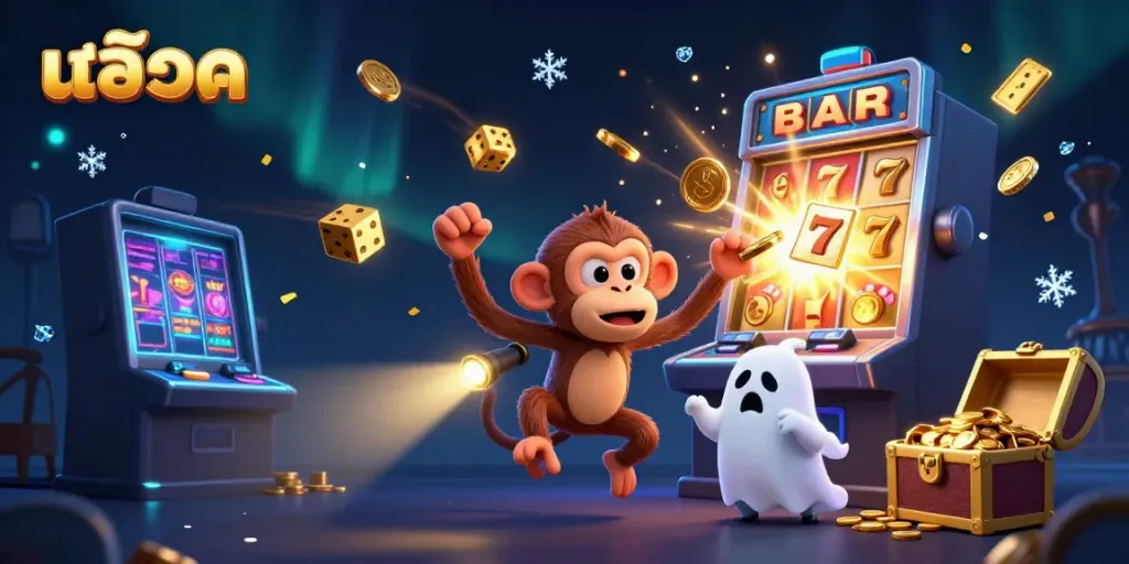 Engage with the excitement of สล็อต as a mischievous monkey juggles coins in a haunted casino.
