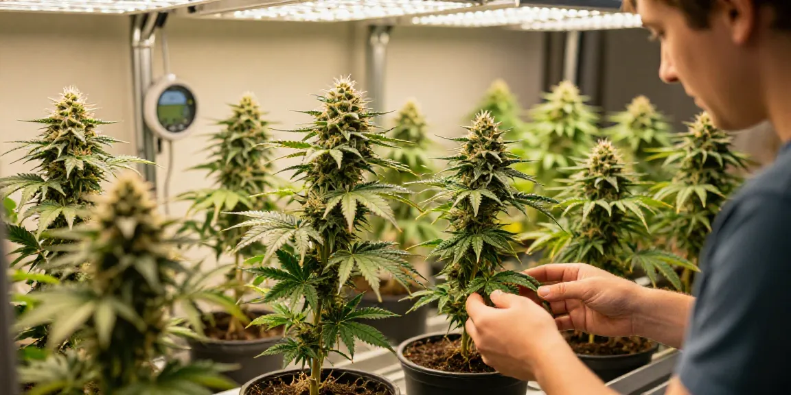 Autoflower Samen kaufen showcased in a bright cannabis cultivation space with thriving plants and a caring gardener.