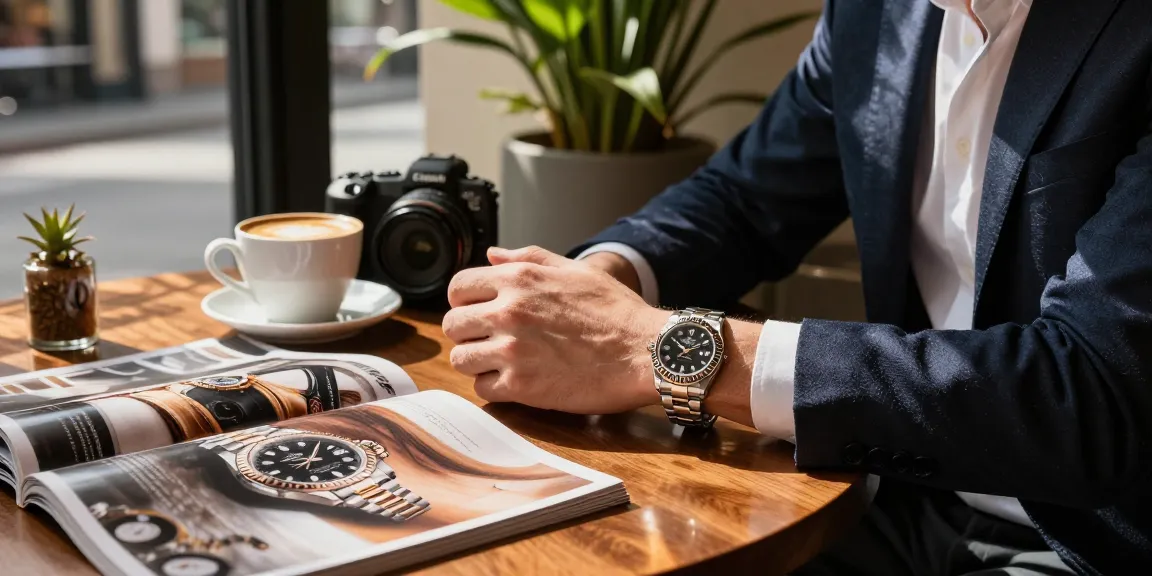 Stylish individual examining a Rolex replica wristwatch at an upscale cafe, reflecting luxury lifestyle.