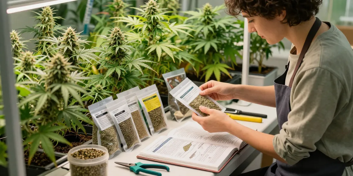 Grower examining CBD dominant seeds in a vibrant indoor garden.