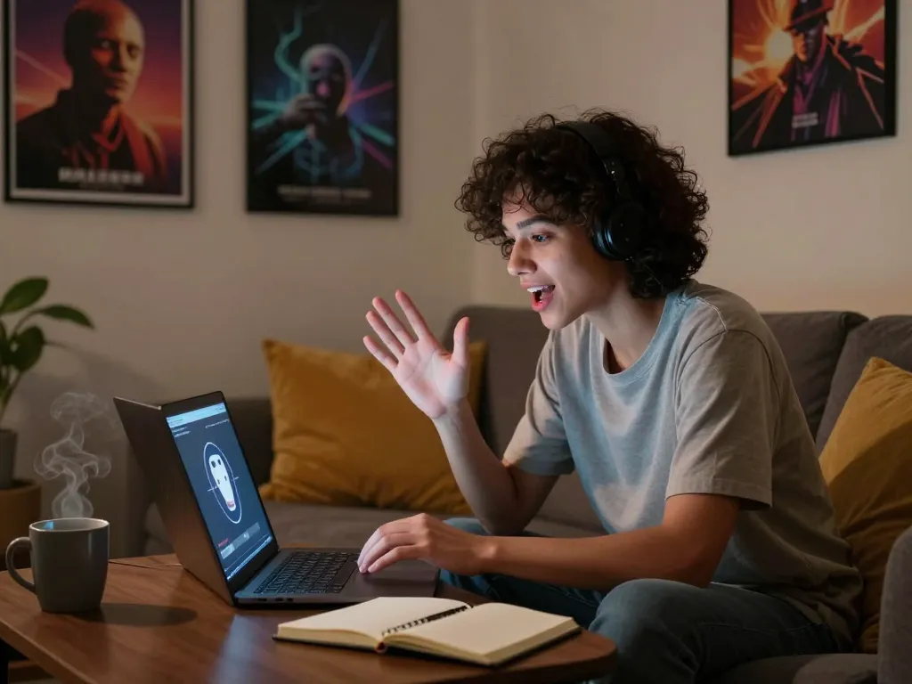 Engaging nsfw ai chat scene showcasing user interacting with attractive chatbot on a laptop in a cozy room.