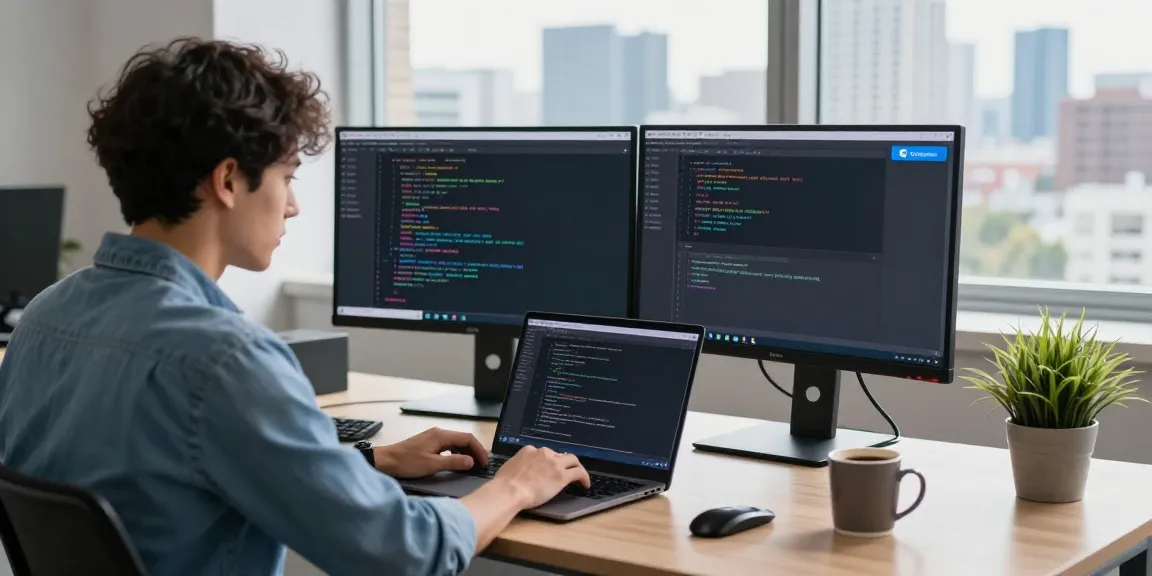 Telegram Download showcased in a tech workspace with coding screens and modern office setting.
