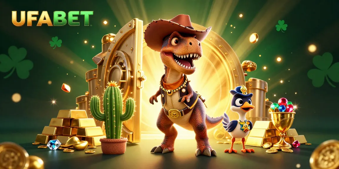 Experience exhilarating action with UFABET's vibrant gaming scene featuring a T-Rex, cactus, and roadrunner.