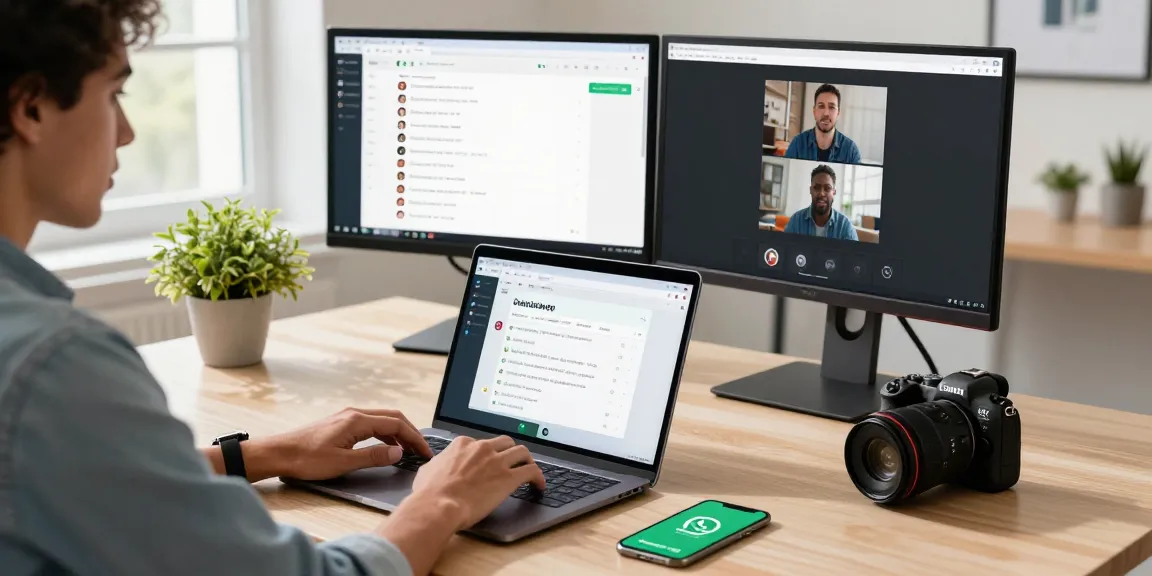 Professional using WhatsApp電腦版 on a laptop in a stylish office setting with natural light and dual monitors.