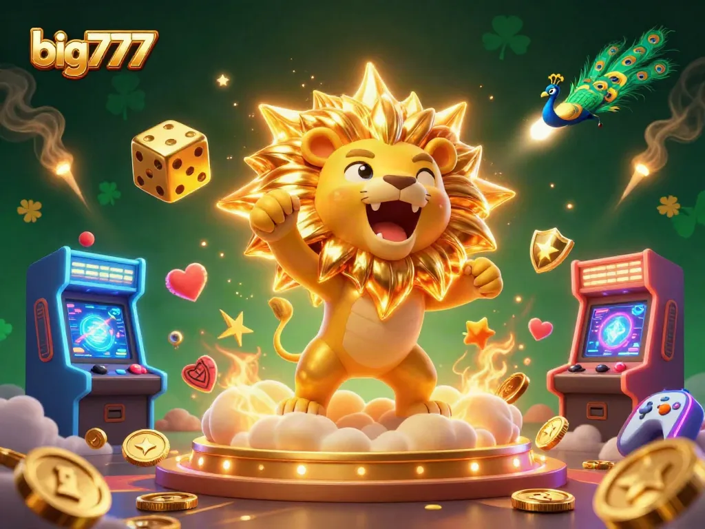 Experience big777 excitement with a roaring lion and vibrant casino elements in a rich, dynamic scene.
