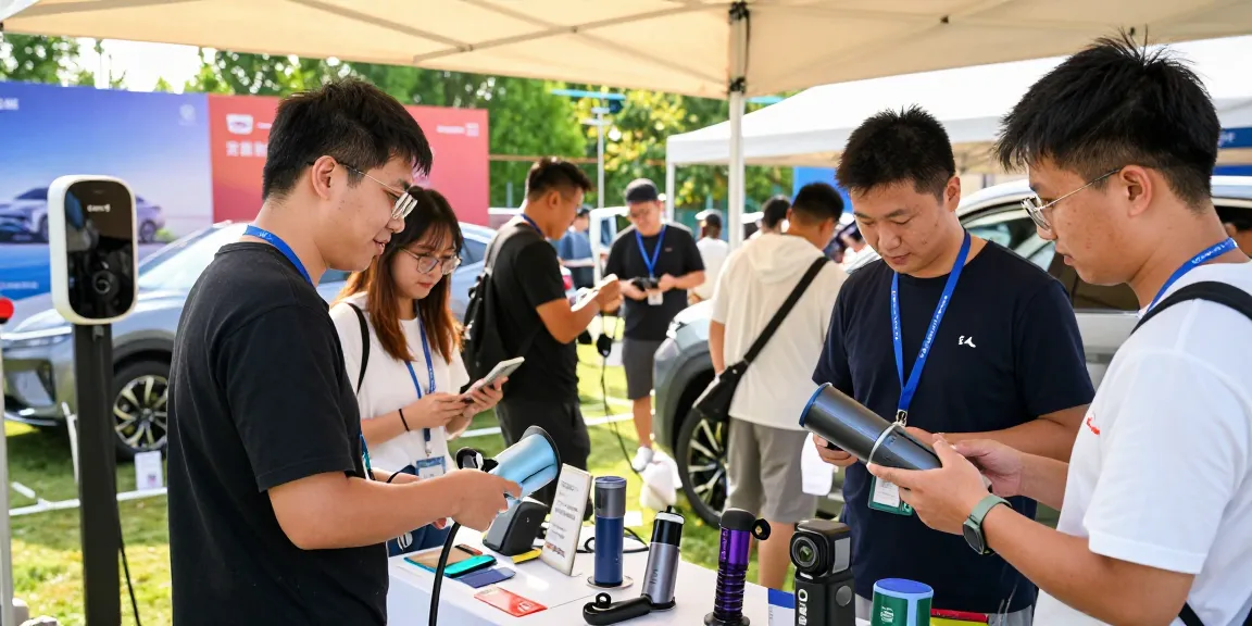 Car accessories supplier trade fair with diverse attendees showcasing innovative EV chargers and accessories.