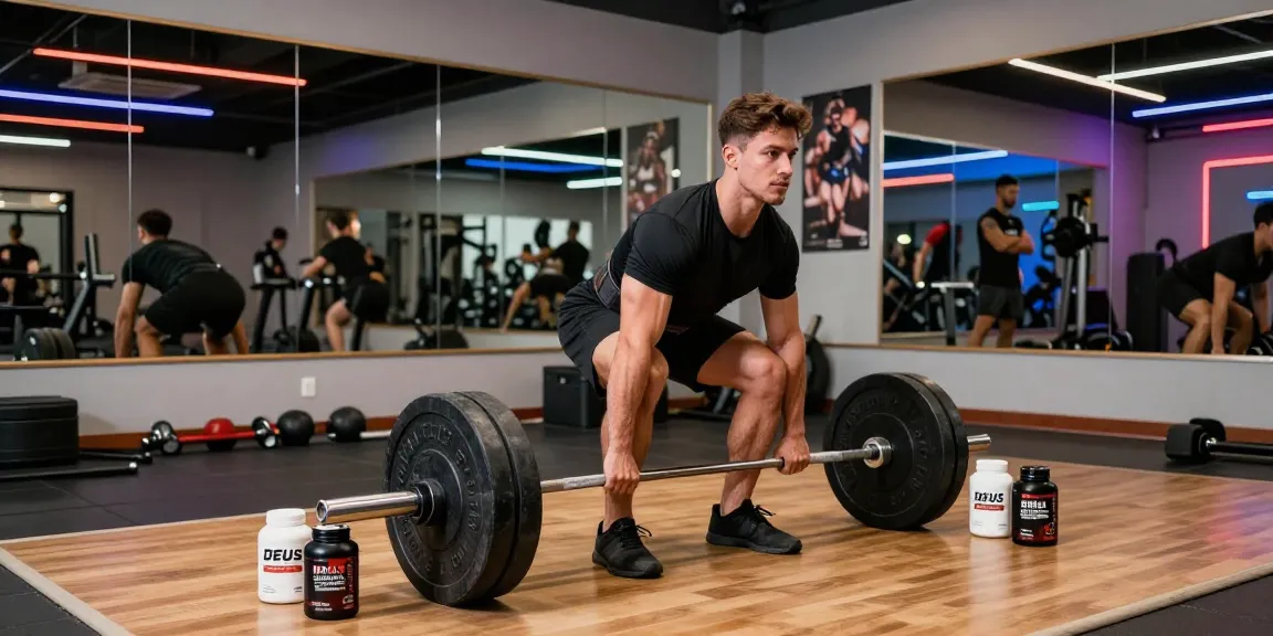 Athletic man lifting weights in a gym showcasing Deus Medical Steroids for enhanced fitness.