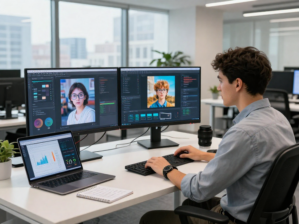 Data analyst using an ai image detector in a modern workspace for accurate content moderation.