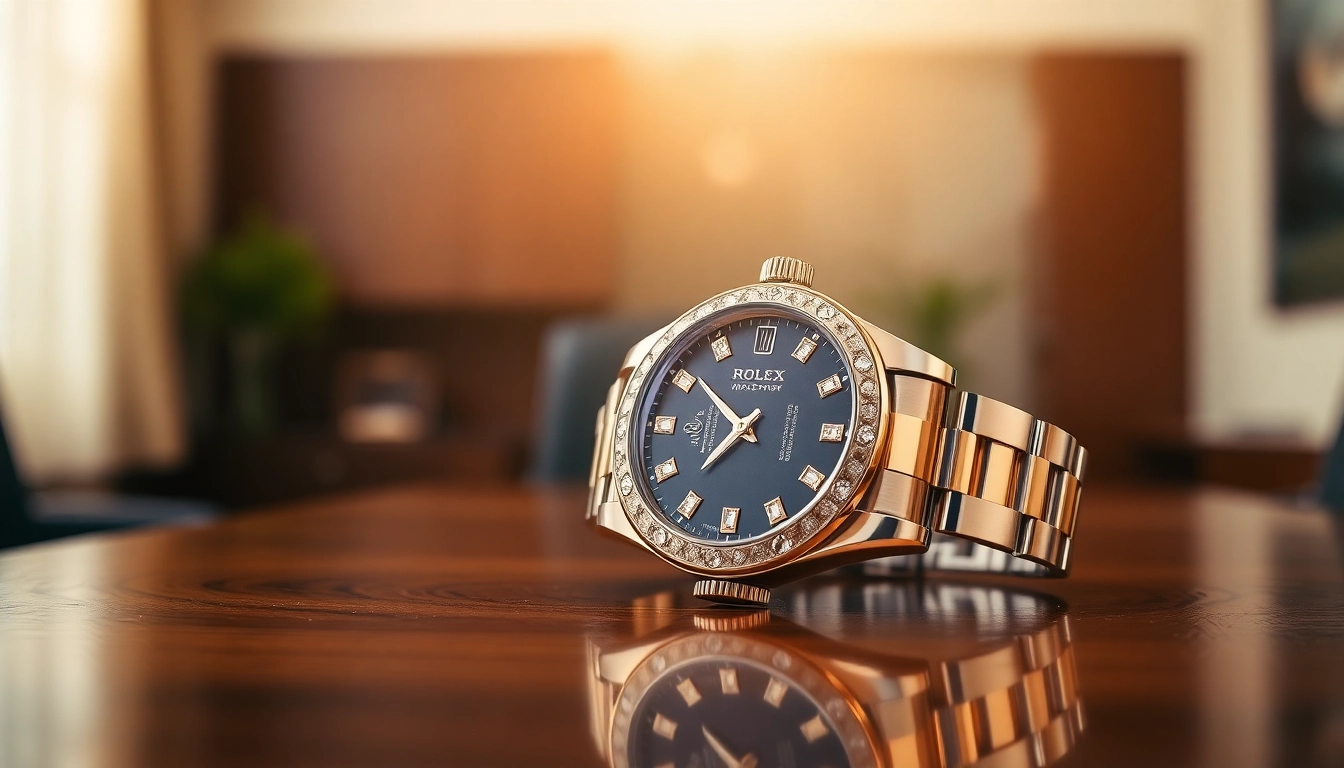 Exquisite rolex replica showcases intricate details against a polished wood desk.
