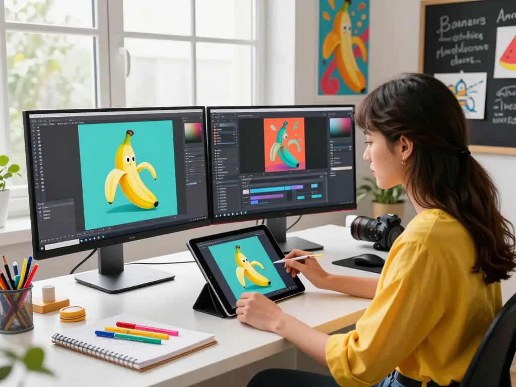 Designer utilizing nano banana AI image editing tool at a creative digital workspace with vibrant artworks and dual monitors.