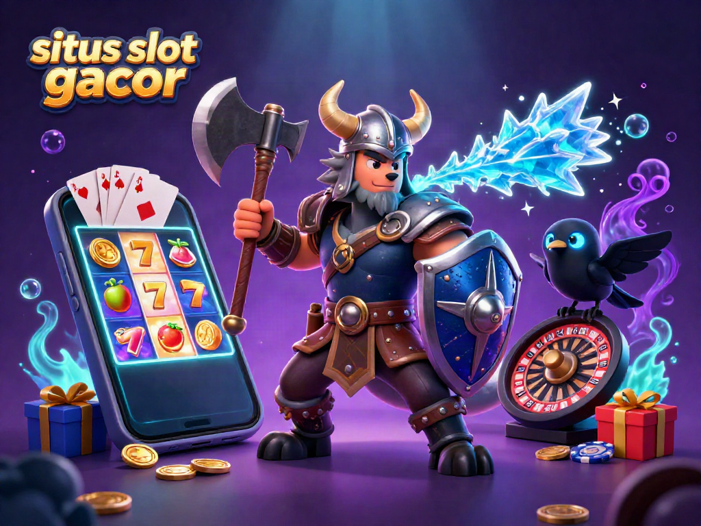 Visualisasi situs slot gacor dengan karakter Viking dan elemen judi yang menarik.