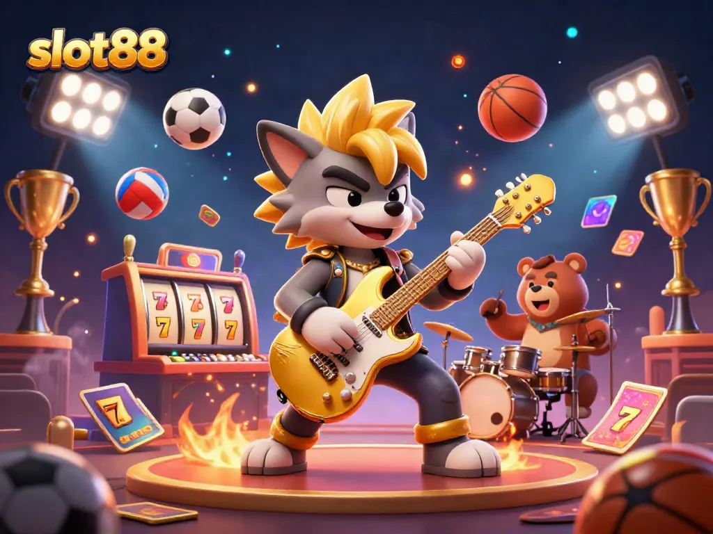Experience excitement with slot88 during a vibrant casino scene featuring a rock star wolf and drummer bear.