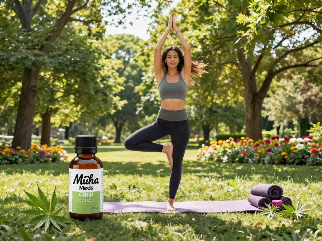 Muha Meds CBD oil bottle beside a woman practicing yoga outdoors, promoting natural wellness.