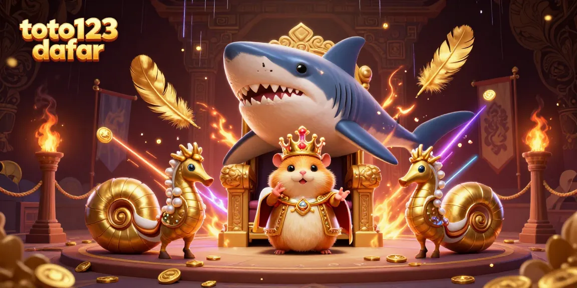 Toto123 daftar showcases a fierce hamster king among dynamic casino elements, creating an engaging gambling atmosphere.