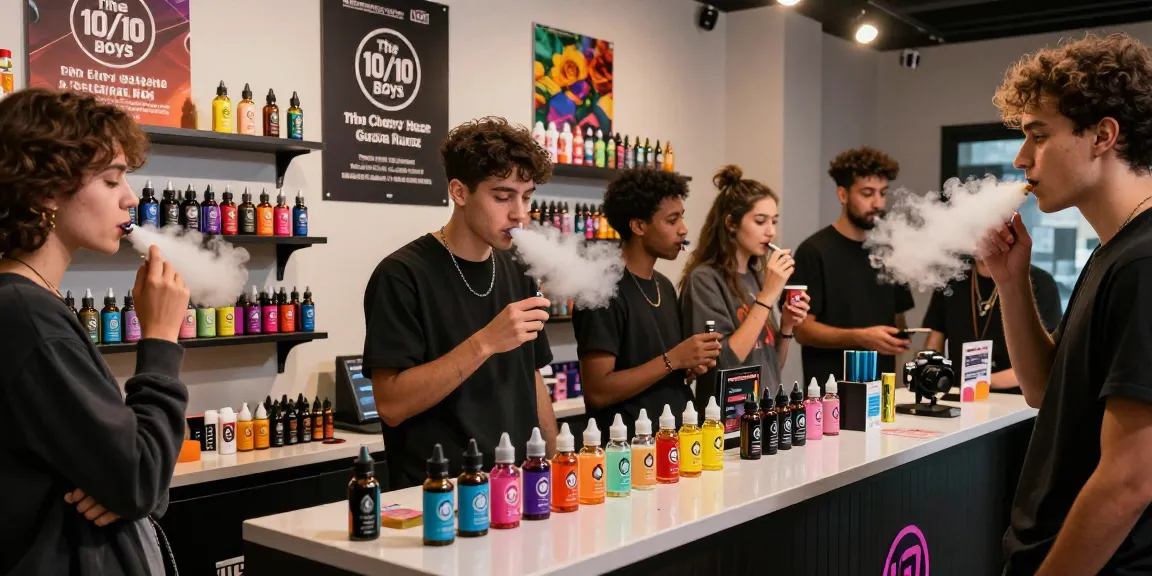 Engaging lifestyle scene of diverse young adults exploring THC vape The 10/10 Boys flavors in a vibrant vape shop.