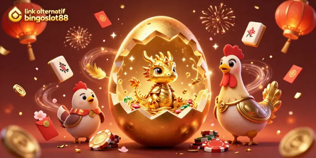 Menggunakan link alternatif bingoslot88, ilustrasi digital 3D merayakan jackpot kasino dengan teknologi canggih.