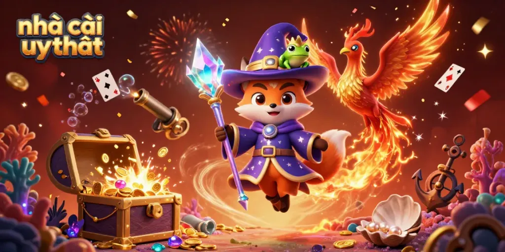 Exciting casino-themed illustration featuring mystical characters celebrating at nhà cái uy tín with vibrant details