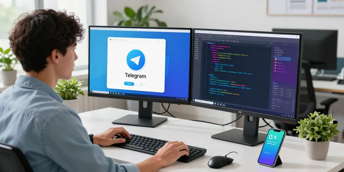 Download telegram中文版下载 in a modern workspace with a developer coding on dual monitors.